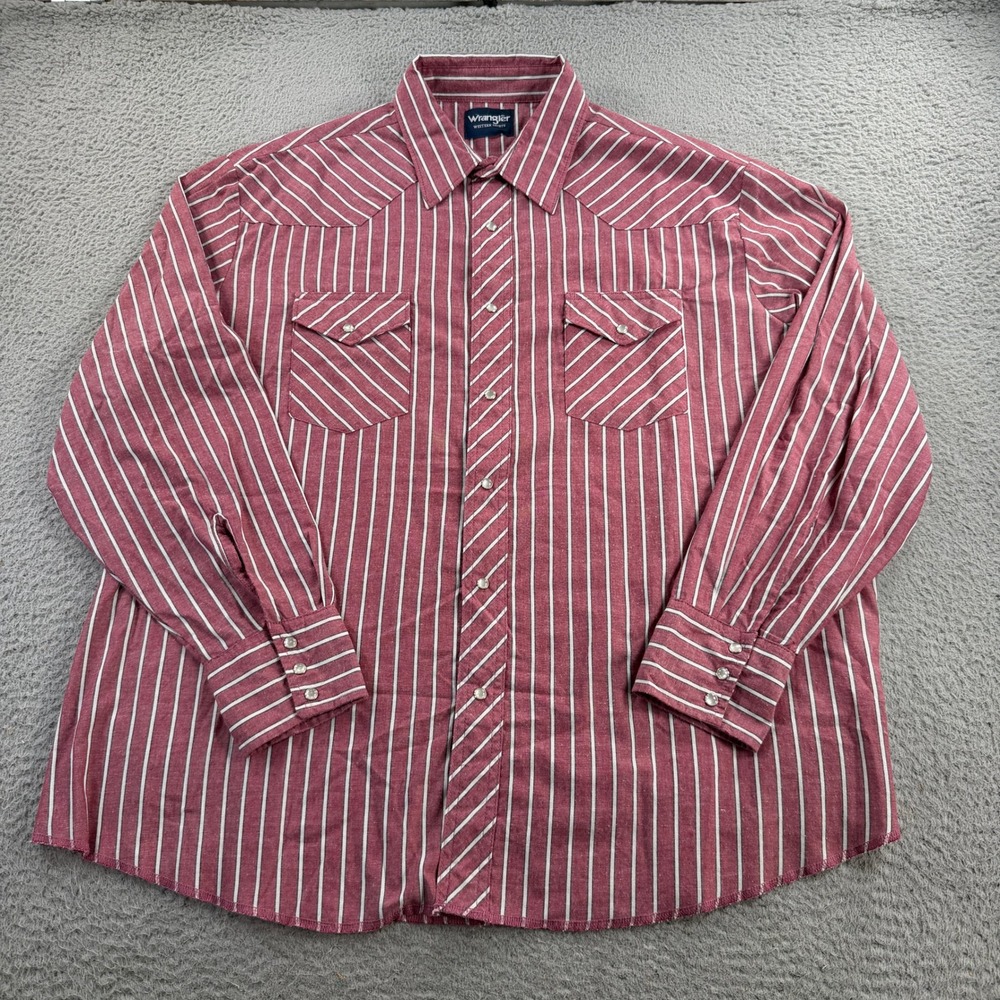 Wrangler Western Pearl Snap Shirt Mens 2XL Red White Striped Long Sleeve